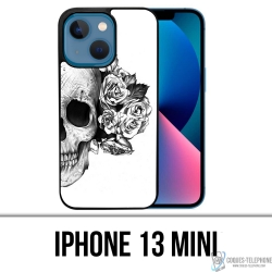 Coque iPhone 13 Mini - Skull Head Roses Noir Blanc