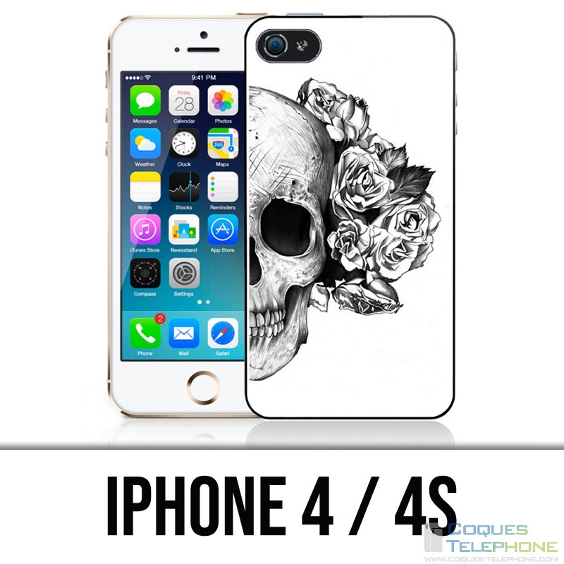 Coque iPhone 4 / 4S - Skull Head Roses Noir Blanc