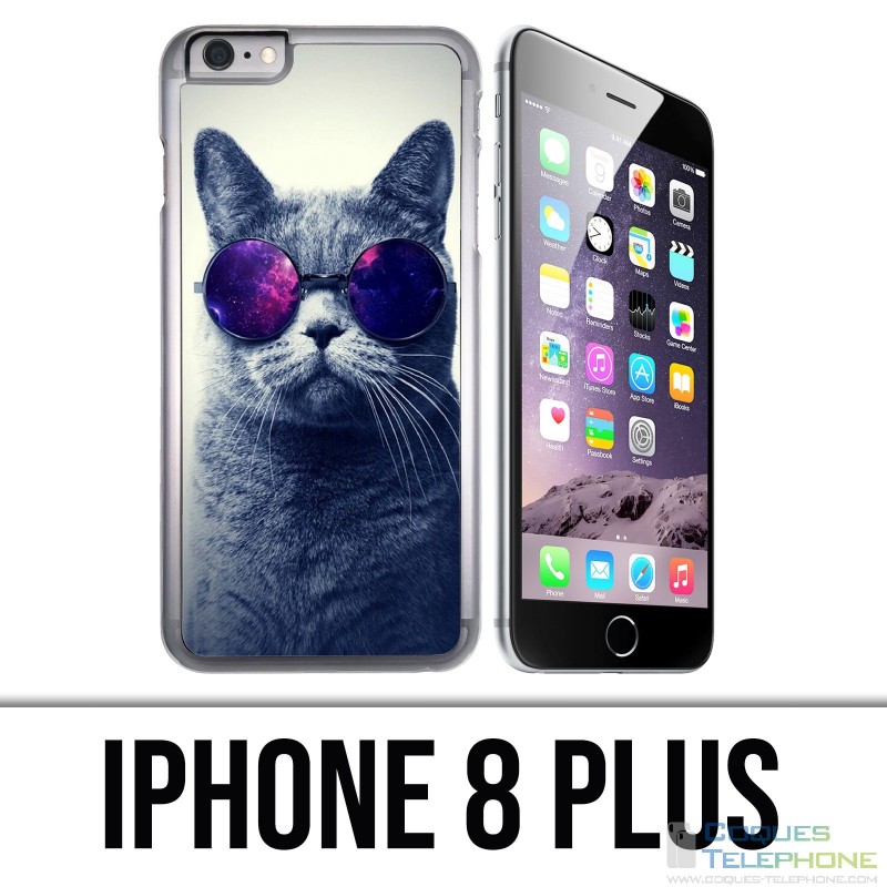 Coque iPhone 8 PLUS - Chat Lunettes Galaxie