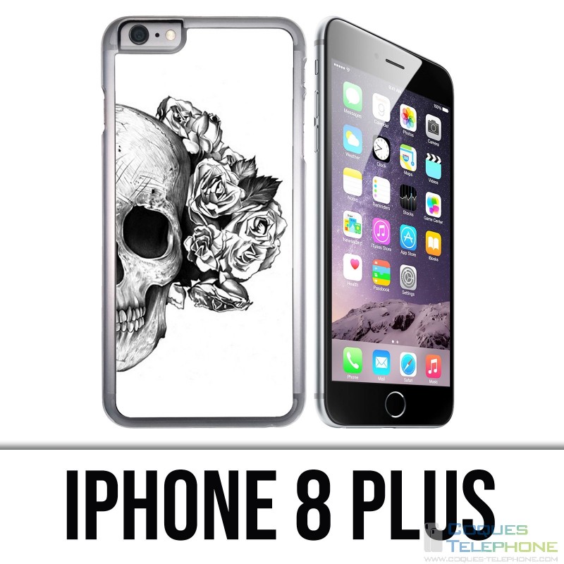 Coque iPhone 8 Plus - Skull Head Roses Noir Blanc