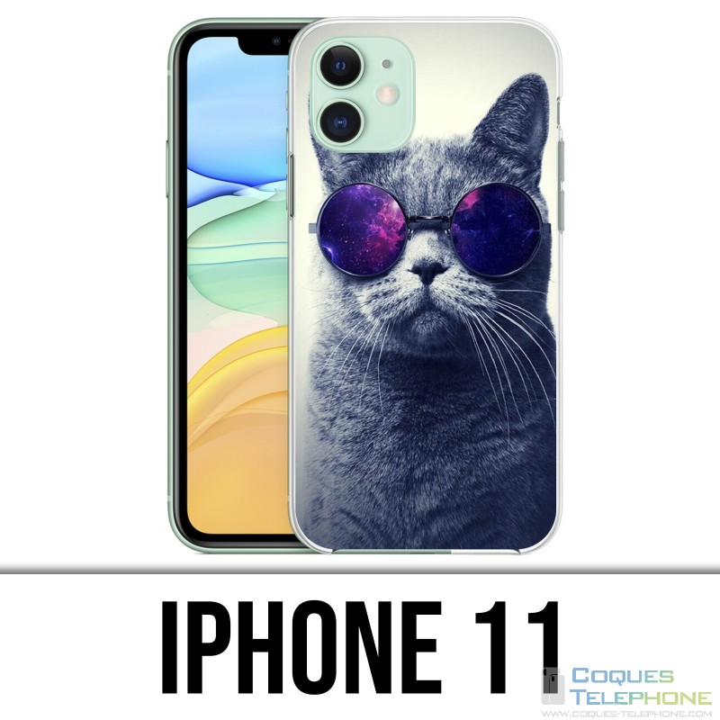 Coque iPhone 11 - Chat Lunettes Galaxie