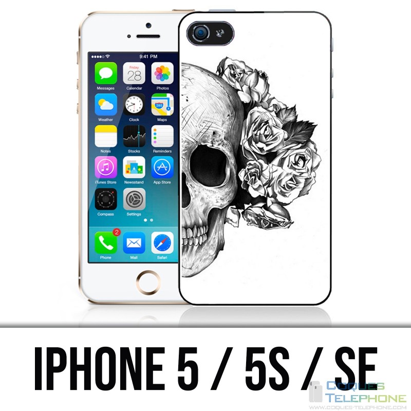 Coque iPhone 5 / 5S / SE - Skull Head Roses Noir Blanc