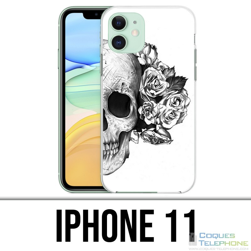 Coque iPhone 11 - Skull Head Roses Noir Blanc
