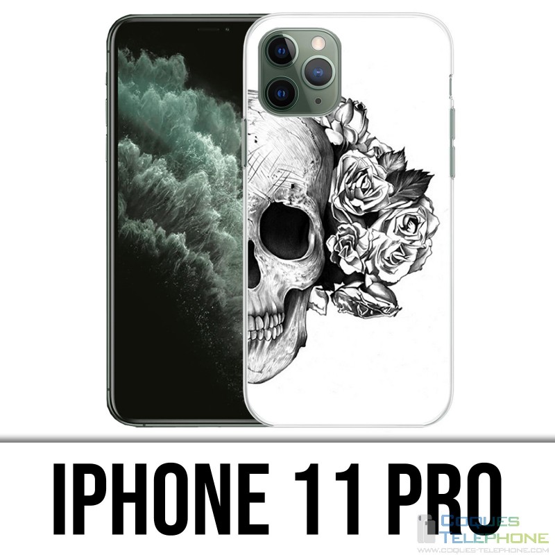 Coque iPhone 11 Pro - Skull Head Roses Noir Blanc