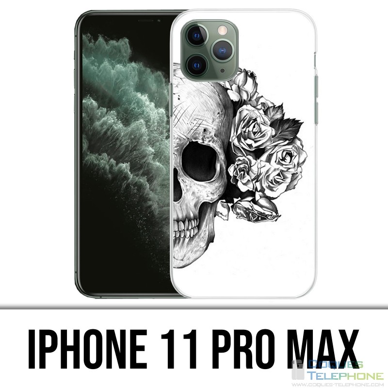 Coque iPhone 11 Pro Max - Skull Head Roses Noir Blanc
