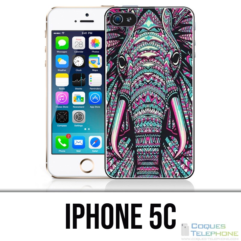 Coque iPhone 5C - Eléphant Aztèque Coloré