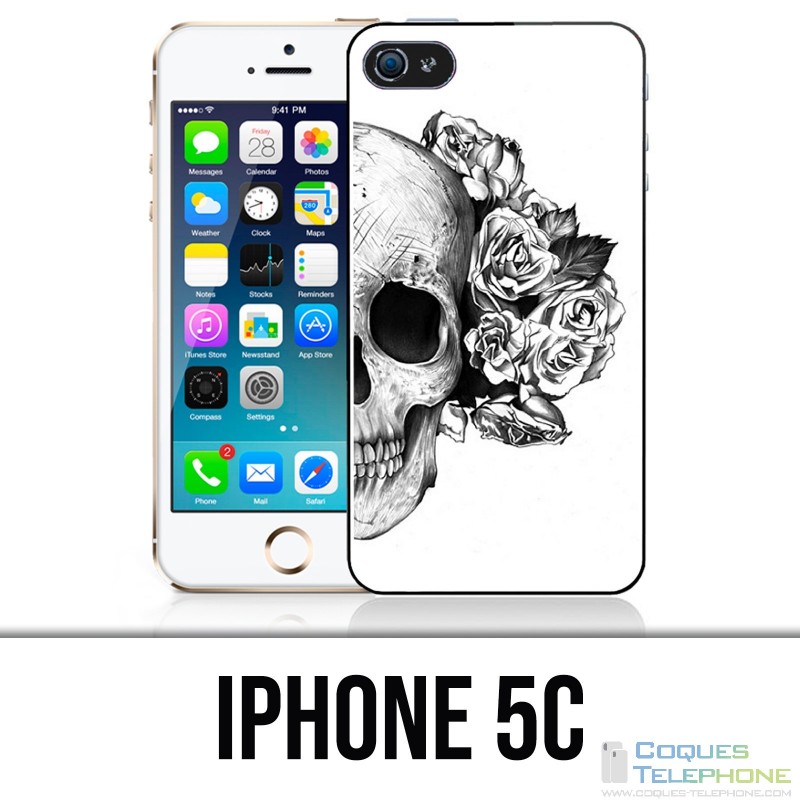 Custodia per iPhone 5C - Testa di teschio rose nero bianco