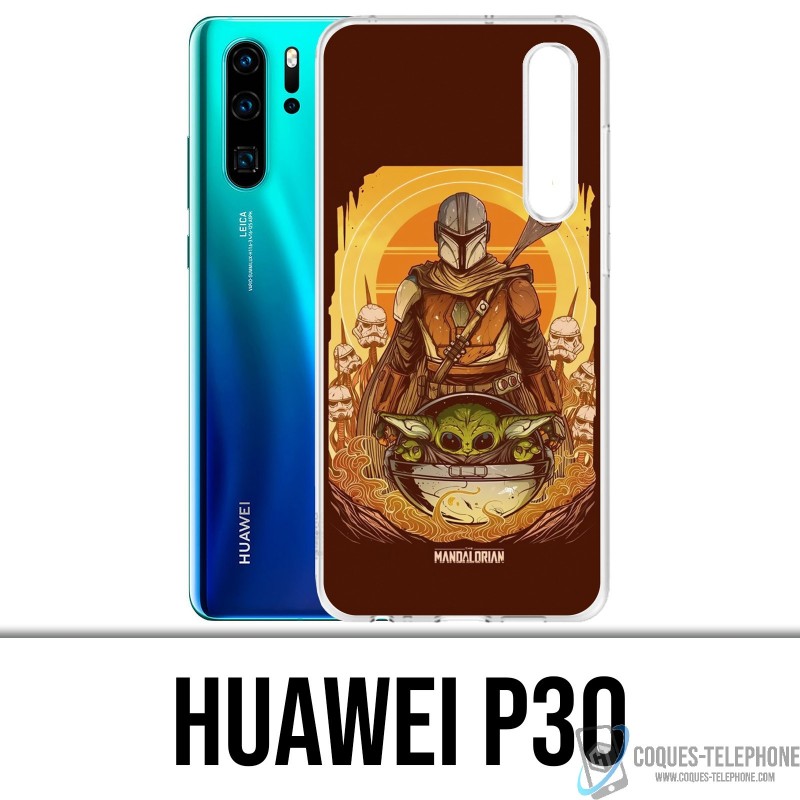 Huawei P30 Custodia - Star Wars Mandalorian Yoda fanart