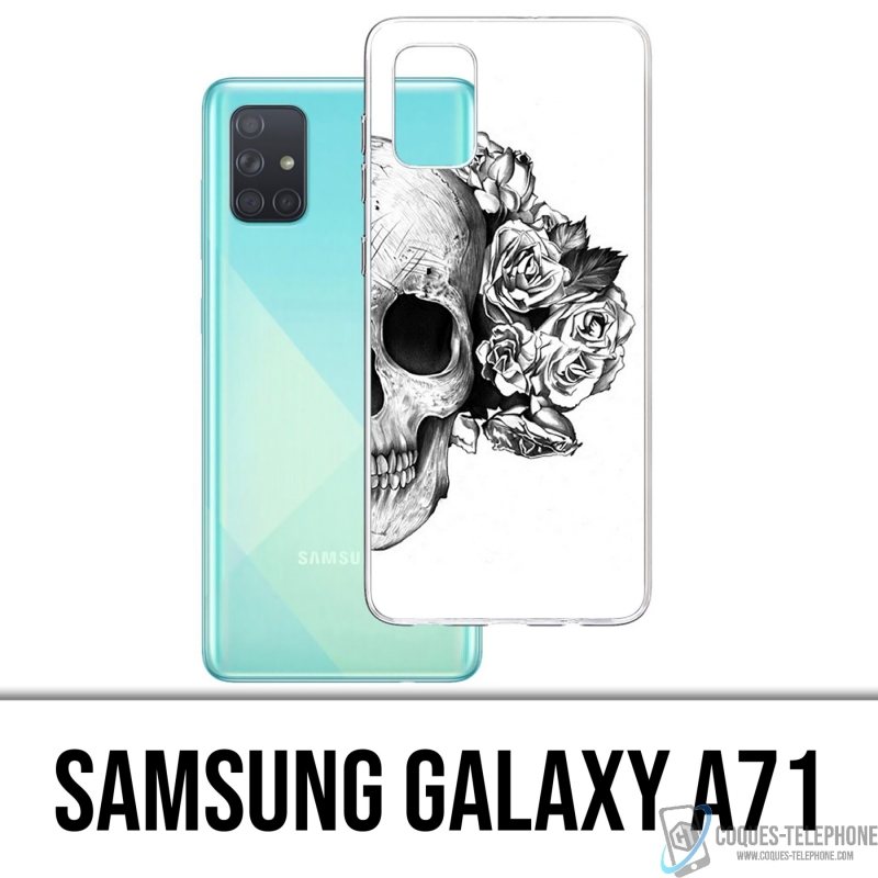 Coque Samsung Galaxy A71 - Skull Head Roses Noir Blanc
