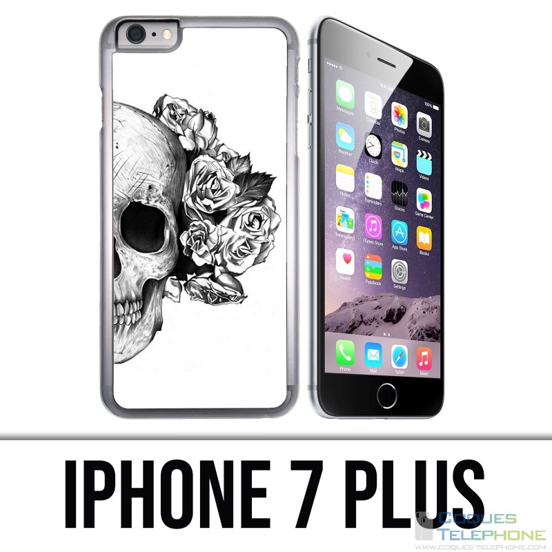 Coque iPhone 7 Plus - Skull Head Roses Noir Blanc