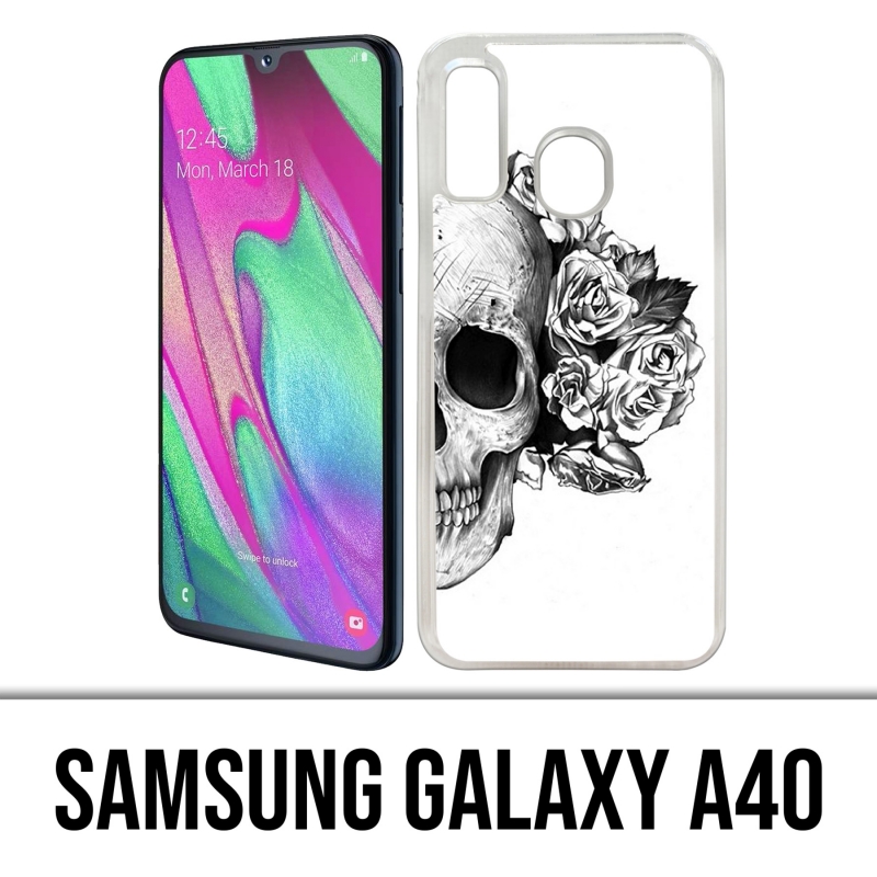 Samsung Galaxy A40 Case - Skull Head Roses Black White