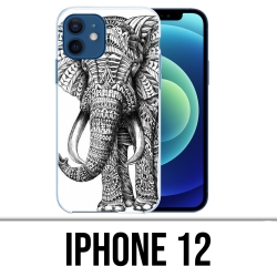Coque iPhone 12 - Éléphant Aztèque Noir Et Blanc