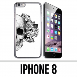 Coque iPhone 8 - Skull Head Roses Noir Blanc