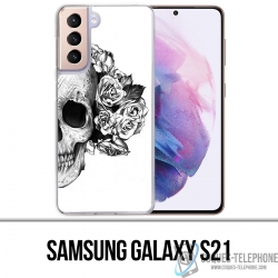 Coque Samsung Galaxy S21 - Skull Head Roses Noir Blanc