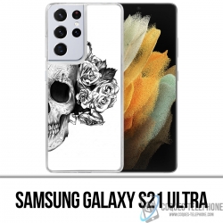 Coque Samsung Galaxy S21 Ultra - Skull Head Roses Noir Blanc