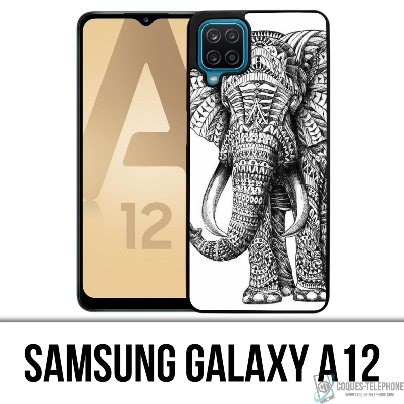 Coque Samsung Galaxy A12 - Éléphant Aztèque Noir Et Blanc