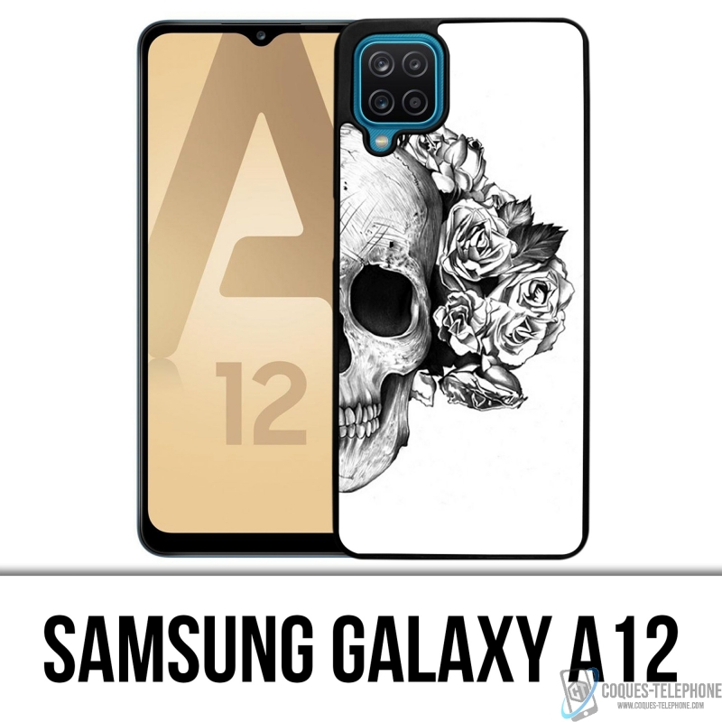 Coque Samsung Galaxy A12 - Skull Head Roses Noir Blanc