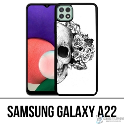 Custodia Samsung Galaxy A22 - Rose con Testa di Teschio Nero Bianco