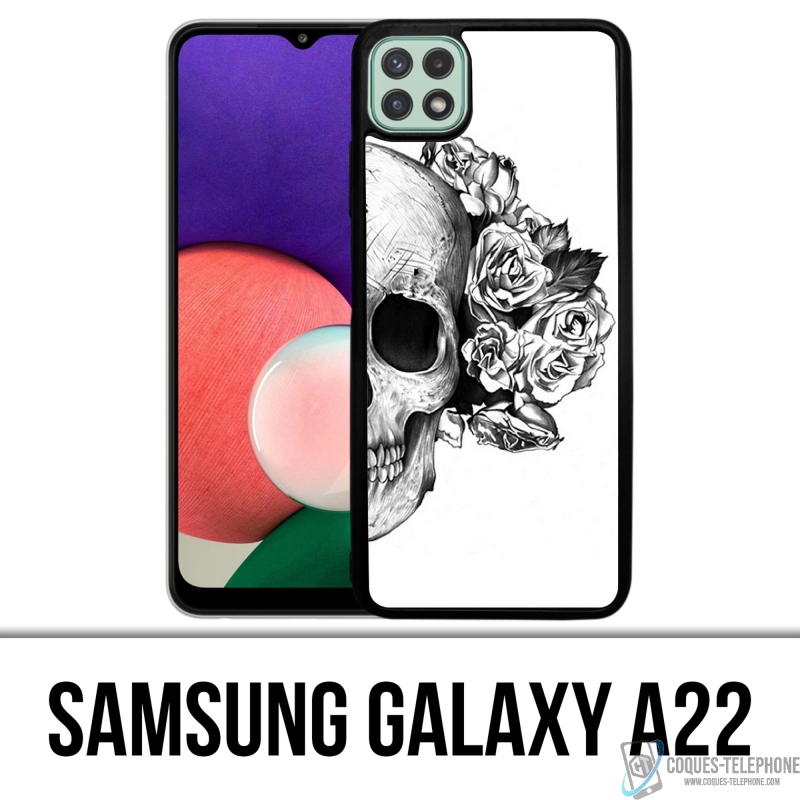 Coque Samsung Galaxy A22 - Skull Head Roses Noir Blanc