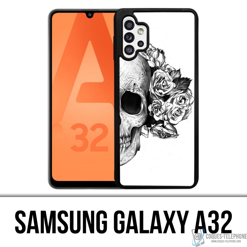 Custodia Samsung Galaxy A32 - Rose con Testa di Teschio Nero Bianco