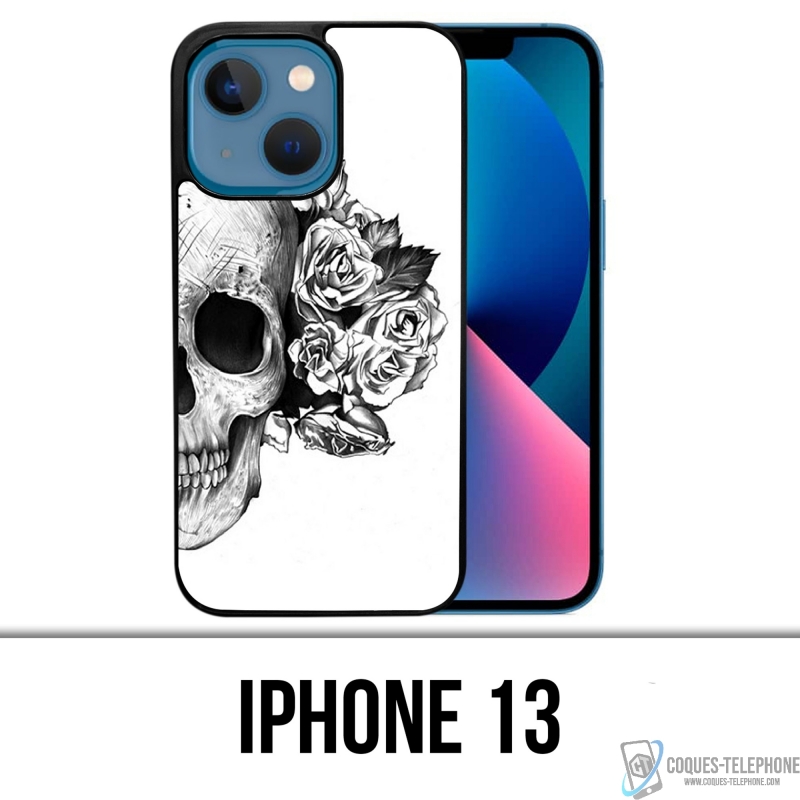 Coque iPhone 13 - Skull Head Roses Noir Blanc