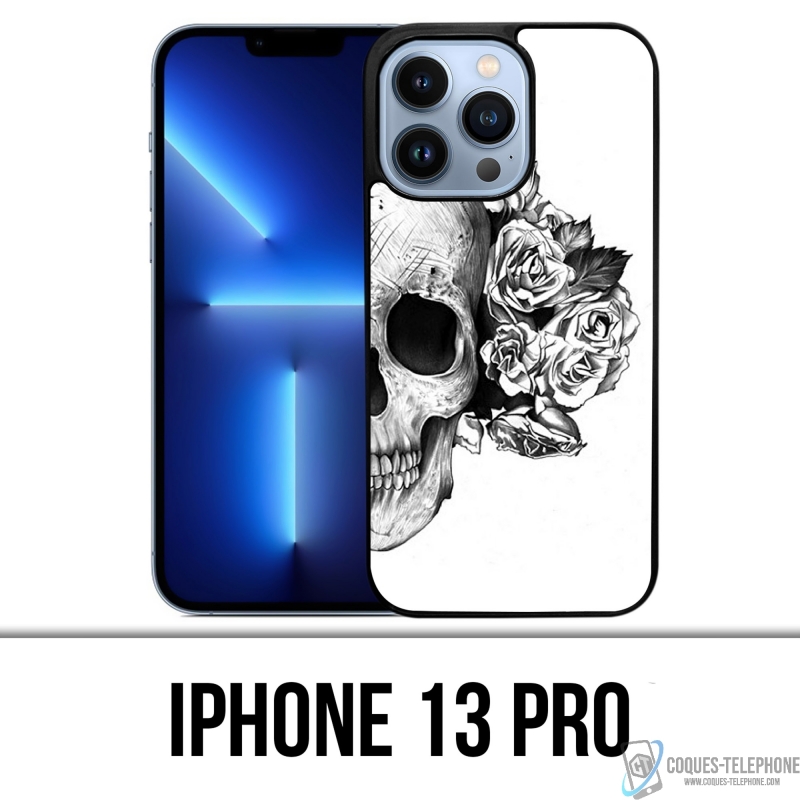 Custodia per iPhone 13 Pro - Rose con testa di teschio nero bianco